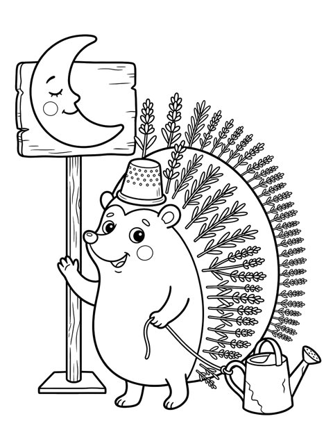 Free Bramble the Hedgehog Gardener printable coloring page
