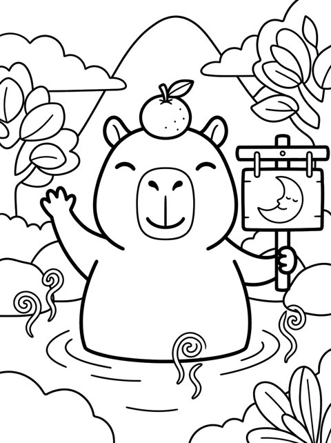 Free Yuzu the Onsen Capybara printable coloring page